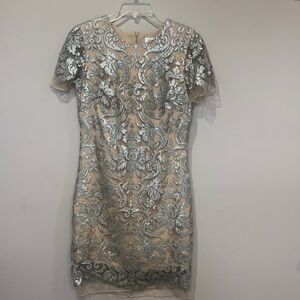 Dress the Population Silver and Cream Mini Dress